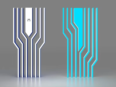 Two Tech Inspired Design Objects With Curved Straight Lines Central Logo And Blue White Hues 3d model
