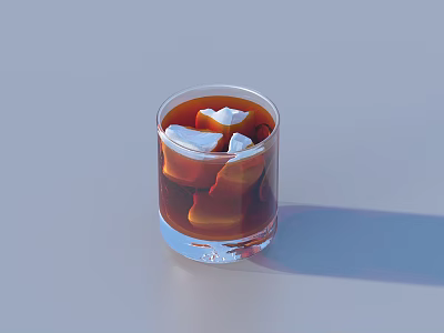 Refreshing Brown Beverage in Glass with Ice Cubes on Gray Table 3d model