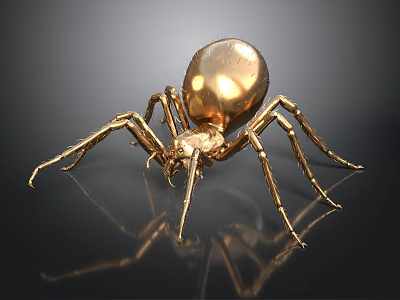 Shiny Golden Spider Sculpture With Metallic Body And Detailed Legs On Reflective Surface 3d model