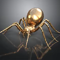 Shiny Golden Spider Sculpture With Metallic Body And Detailed Legs On Reflective Surface