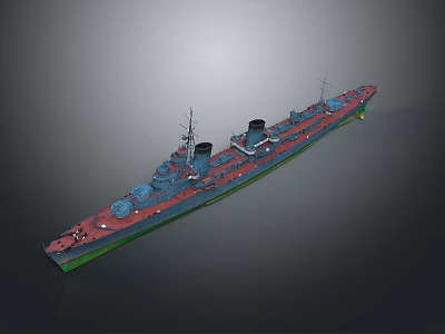 Military Warship Model As Water Transport With Turrets Smokestacks And Red Blue Hull 3d model