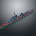 Military Warship Model As Water Transport With Turrets Smokestacks And Red Blue Hull