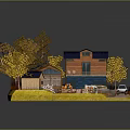 Cartoon Countryside Scene With Wooden Houses Yellow Trees Animal Pen White Car And Green Grass