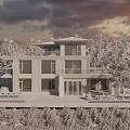 Modern Two Story Detached House With Large Glass Windows Surrounded by Trees And Outdoor Seating