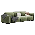 Modern Three Seater Sofa in Brown Green Blue with Decorative Pillows and Throw Blankets