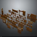 Wooden Fence And Gate Components Set With Posts Rails And Panels 3d model
