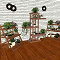 Charming Garden Decor with Wooden Plant Stands Various Plants and Black Circular Wall Decor