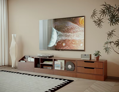 Wooden TV Stand With Storage Drawers TV Planetary Screen Green Plant And Geometric Rug 3d model