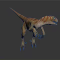 Realistic Velociraptor Dinosaur Model With Orange White Stripes Standing On Gray Background