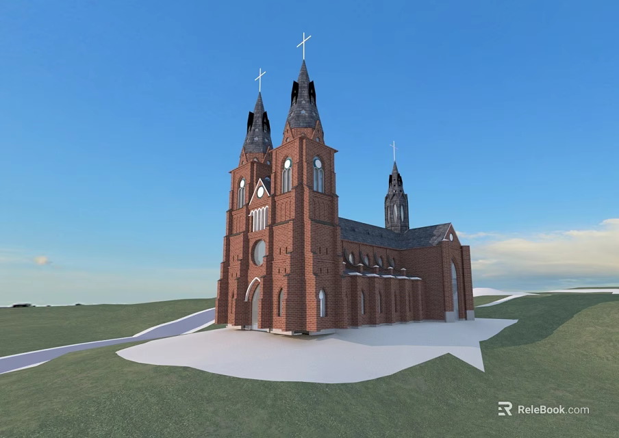 Red Brick Church With Tall Spires Crosses Green Grass And Blue Sky 3d model 