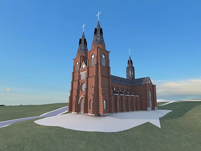 Red Brick Church With Tall Spires Crosses Green Grass And Blue Sky 3d model
