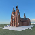 Red Brick Church With Tall Spires Crosses Green Grass And Blue Sky