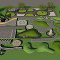 Landscaped Courtyard Garden Design With Curved Pathways Circular Lawn Areas Stone Decorations And Trees