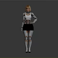 Blonde Female Robot With White Top Black Skirt And Metallic Mechanical Limbs On Gray Background