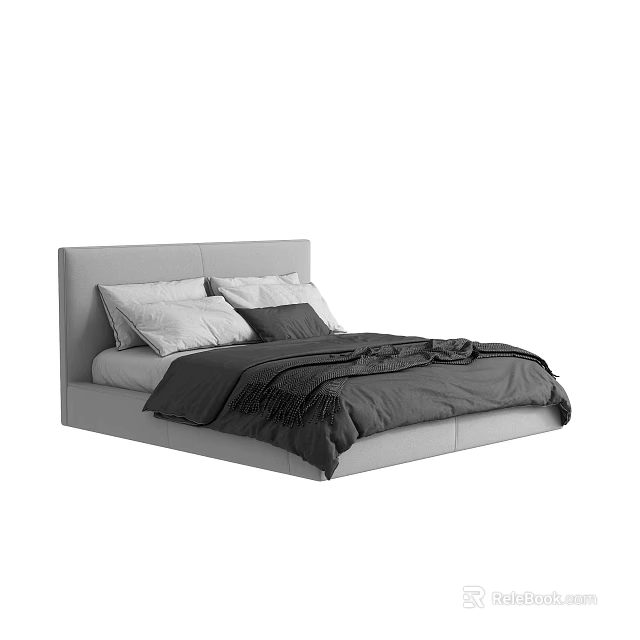 Modern Gray Double Bed Interior With Headboard Soft Pillows And Bedspread 3d model