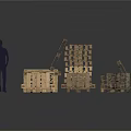 Wooden Pallets Stacked And Scattered With Silhouette Figure Standing Next To