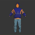 Blue Hooded Jacket with Orange Lining Yellow Stripes Front Logo and Light Blue Pants Sportswear