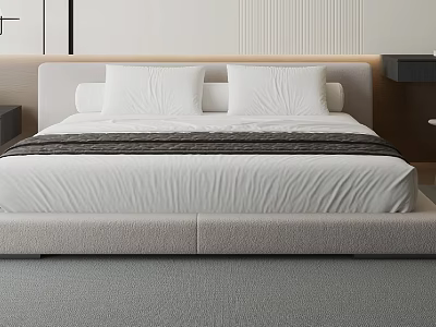 Minimalist Double Bed With White Sheets Pillows And Light Gray Headboard In Modern Bedroom 3d model