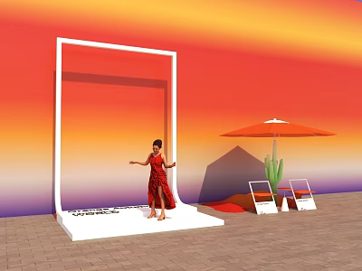 Woman In Red Dress Standing By White Frame With Orange Umbrella Chairs And Cactus 3d model