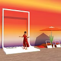 Woman In Red Dress Standing By White Frame With Orange Umbrella Chairs And Cactus