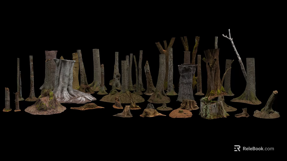 Natural Tree Stumps Collection With Various Shapes Sizes And Mossy Texture 3d model