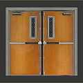 Orange Wooden Double Doors With Metal Frame Grilled Windows And Signs Above