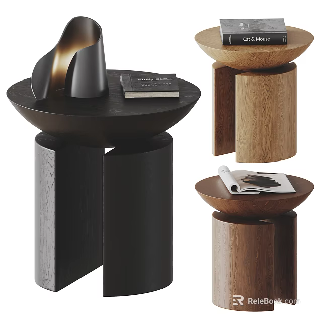 Modern Wooden Side Table with Round Top and Cylindrical Base and Decorative Books on Surface 3d model 