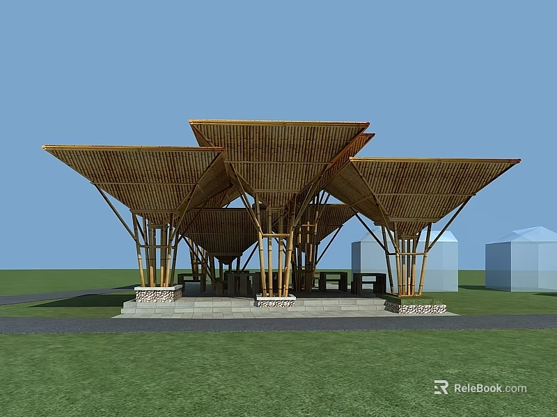Bamboo Outdoor Pavilion Structure With Triangular Roofs And Stone Base 3d model