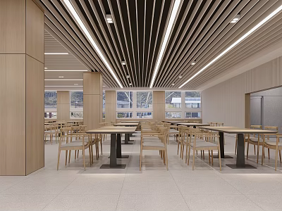 Modern Restaurant Interior With Wooden Decor Linear Ceiling Lights And Dining Tables Chairs 3d model