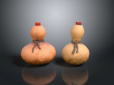 Two Decorative Gourd Shaped Furniture Pieces With Red Lids Rope Accents And Brown Beige Hues 3d model