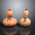 Two Decorative Gourd Shaped Furniture Pieces With Red Lids Rope Accents And Brown Beige Hues