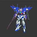 Blue and white sci-fi robot model with winged shoulders and holding weapons 3d model