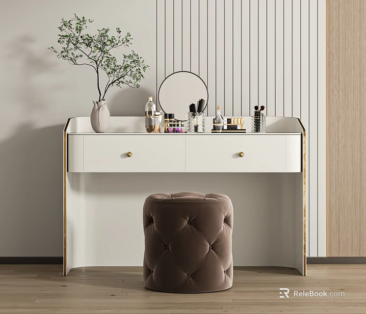 Modern White Dressing Table With Gold Handles Round Mirror Cosmetics And Brown Velvet Stool 3d model 