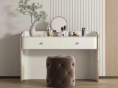 Modern White Dressing Table With Gold Handles Round Mirror Cosmetics And Brown Velvet Stool 3d model