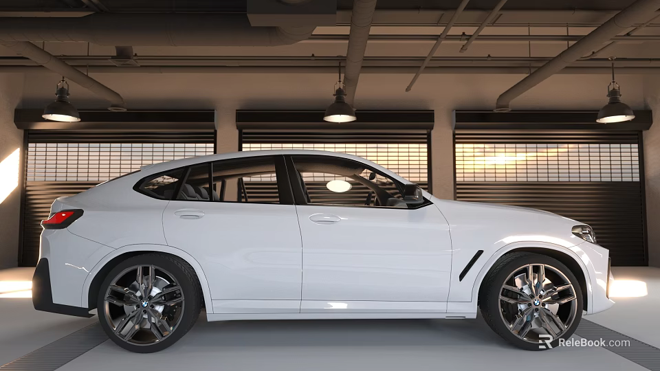 White Sleek Sporty SUV Parked In Interior Garage With Roller Doors And Black Alloy Wheels 3d model 