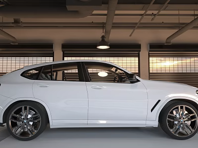 White Sleek Sporty SUV Parked In Interior Garage With Roller Doors And Black Alloy Wheels 3d model