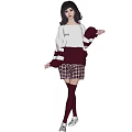 Woman Wearing White And Burgundy Striped Sweater With BARE Lettering And Plaid Skirt
