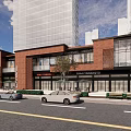 Modern Shopping Street With Red Brick Buildings Glass Facades Shops And High Rise Background