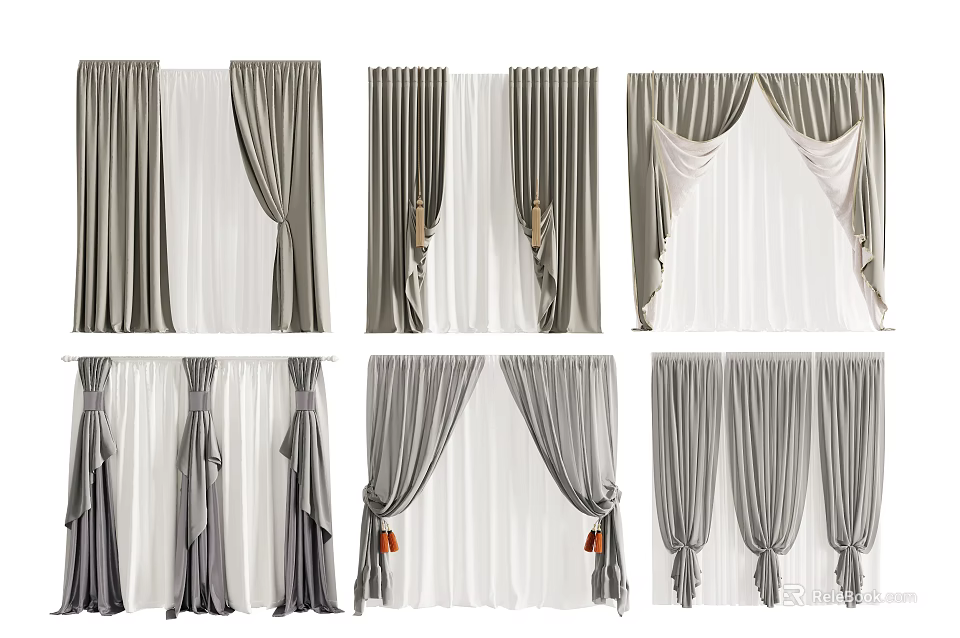 Elegant Gray Curtains with Various Styles Textured Fabric and Decorative Tiebacks 3d model