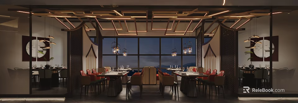 Elegant Restaurant Interior With Wooden Ceiling Lighting Large Windows Red Chairs And Scenic View 3d model 