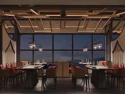 Elegant Restaurant Interior With Wooden Ceiling Lighting Large Windows Red Chairs And Scenic View 3d model