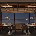 Elegant Restaurant Interior With Wooden Ceiling Lighting Large Windows Red Chairs And Scenic View
