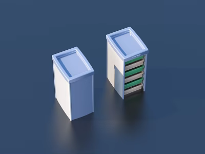 Two White Storage Cabinets One Closed With Blue Top And One With Green Drawers 3d model