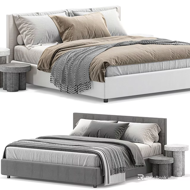 Modern Double Bed Design With Neutral Tones Pillows Striped Blanket And Round Stool 3d model 