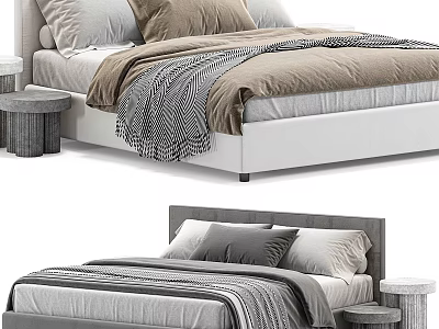 Modern Double Bed Design With Neutral Tones Pillows Striped Blanket And Round Stool 3d model