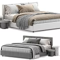 Modern Double Bed Design With Neutral Tones Pillows Striped Blanket And Round Stool