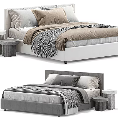 Modern Double Bed Design With Neutral Tones Pillows Striped Blanket And Round Stool 3d model