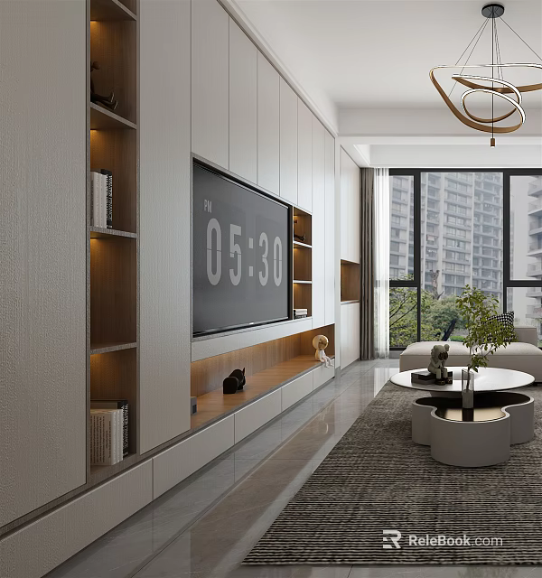 Modern Living Room Interior With TV Wall Shelves Sofa And Floor To Ceiling Windows 3d model 