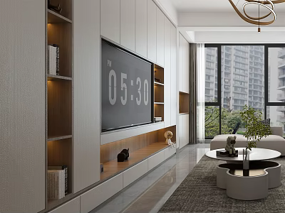 Modern Living Room Interior With TV Wall Shelves Sofa And Floor To Ceiling Windows 3d model