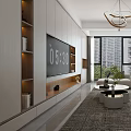Modern Living Room Interior With TV Wall Shelves Sofa And Floor To Ceiling Windows